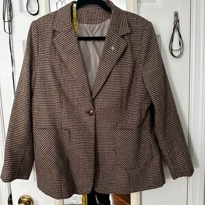 Womens Classic Houndstooth Blazer Jacket Brown Tan Single Button‎ Pockets